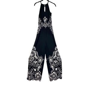 Soho Chic Keyhole Halter Paisley Sleeveless Black White Maxi Jumpsuit Size Small